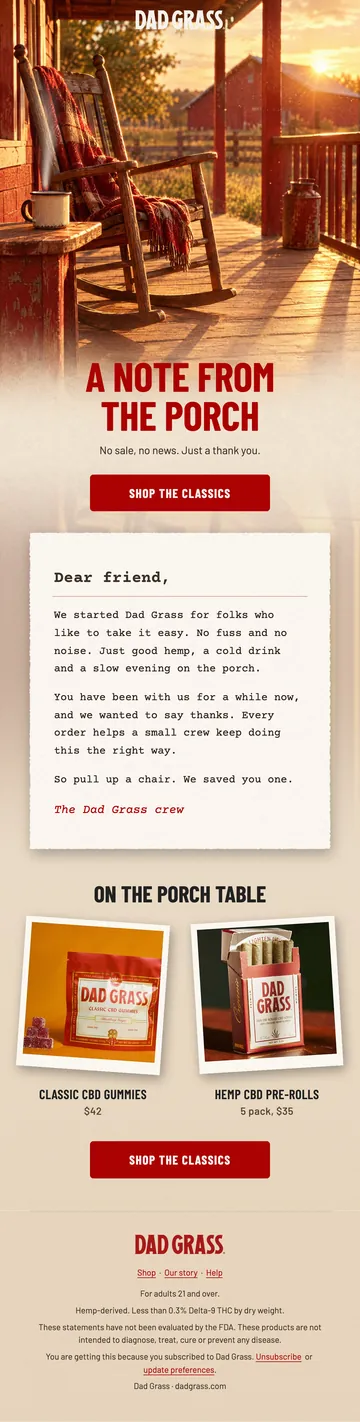 Dad Grass founder note: A note from the porch, signed by the Dad Grass crew.