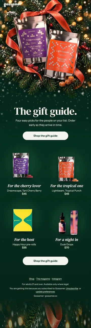 Gossamer gift guide email: gifts for the night owl, the early riser and the host.